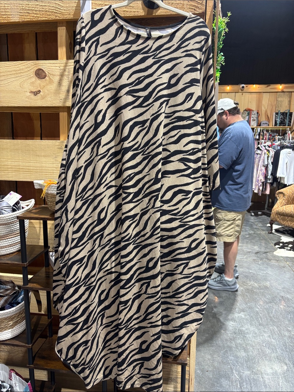 Zebra-Print Long Sleeve Swing Dress - Black & Tan